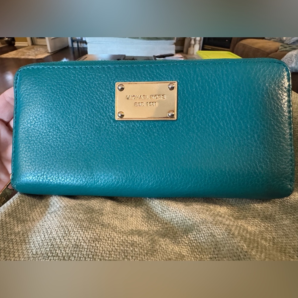 Michael Kors Turquoise Leather Wallet 8 inches long; 4 inches wide